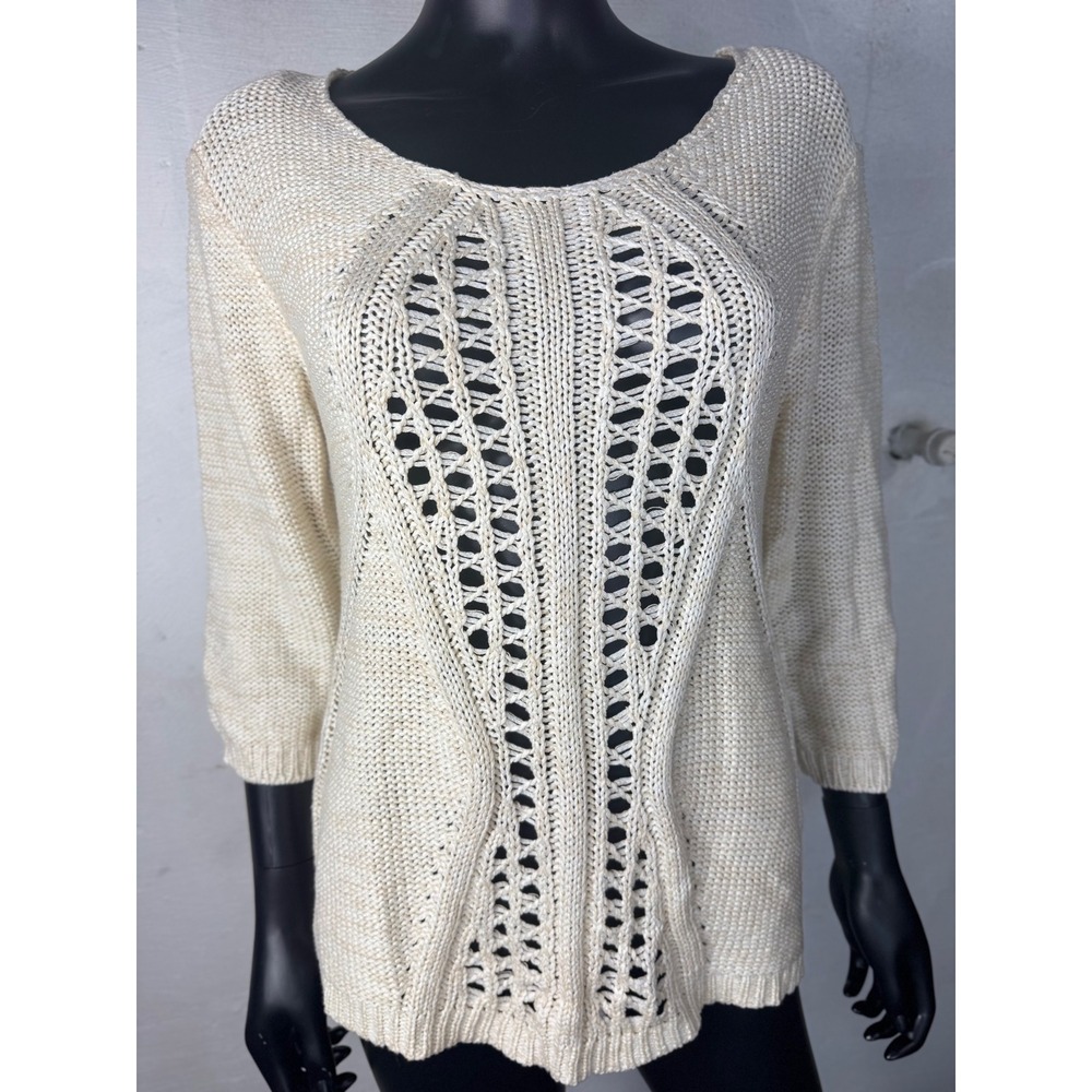 Avalin Knit Sweater Womens Small Cream Beige Open Weave 3/4 Sleeve Pullover‎